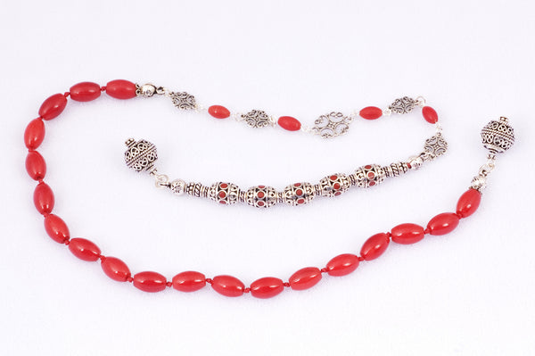 Red Bamboo Coral and Handmade Sterling Silver Prayer Beads (19+5 set)