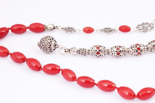 Red Bamboo Coral and Handmade Sterling Silver Prayer Beads (19+5 set)